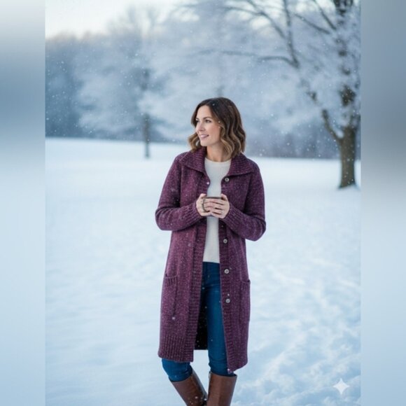 Coldwater Creek Burgundy Knit Cardigan X-Long Crochet Style XL - Picture 9 of 9